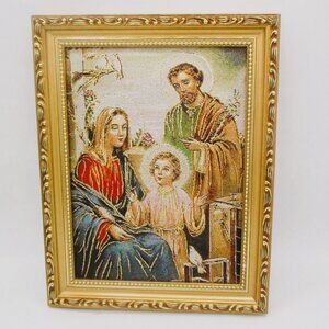 Framed Sacred Family Woven Tapestry Art With Gold Ornate Frame 12"x10" Religious